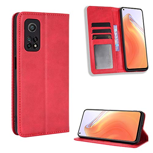 Lederhülle für Xiaomi Mi 10T 5G/Xiaomi Mi 10T Pro 5G Hülle, Flip Case Schutzhülle Handy mit Kartenfach Stand und Magnet Funktion als Brieftasche, Tasche Cover Etui Handyhülle für Mi 10T, Rot von MingMing