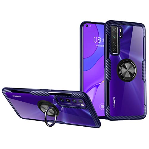 Hülle für Huawei P40 Lite 5G - Klar Hartes Acryl Transparente Kratzfeste [Ring Ständer] Carbonfaser [Unterstützende Magnetische Adsorption] (P40 Lite 5G, Blau) von MingWei