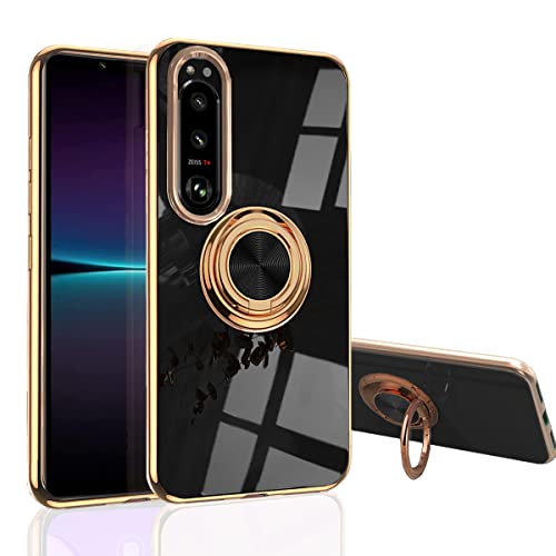 Hülle für Sony Xperia 1 IV - Slim Fit [Drehring Ständer] [Luxuriöse Gold Metall Farbe] Silikon Weiche TPU Abdeckung [Stoßfest] (Xperia 1 IV, Schwarz) von MingWei