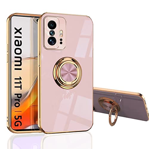 Hülle für XIAOMI Mi 11T/11T Pro 5G - Schmale Passform [Drehring Ständer] [Luxuriöse Gold Metall Farbe] Silikon Weiche TPU Abdeckung [Kompatibel mit Magnetadsorption] (Rose, Mi 11T Pro) von MingWei