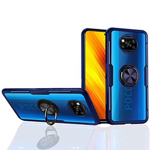 Hülle für XIAOMI Poco X3 Pro / X3 NFC - Klar Hartes Acryl Transparente Kratzfeste [Ring Ständer] Carbonfaser [Unterstützende Magnetische Adsorption] (Poco X3 NFC, Blau) von MingWei