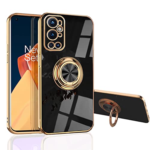 MingWei Hülle für [ OnePlus 9 Pro 5G ] - Schmale Passform [Drehring Ständer] [Luxuriöse Gold Metall Farbe] Silikon Weiche TPU Abdeckung [Stoßfest] (OnePlus 9 Pro, Schwarz) von MingWei