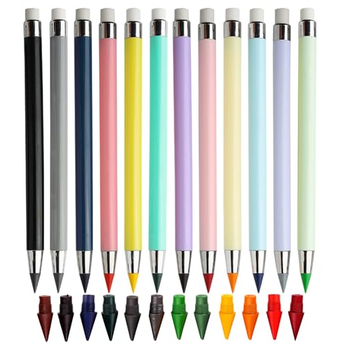 Minging 12 Stück Ewiger Bleistift, Bleistift Sets mit 12 Stück Ersatzspitzen Kein Anspitzen Tintenloser Bleistifte mit Radiergummi Schreibwaren Geschenk für Kinder,Ewiger Bleistifte Set (Farbe 12) von Minging