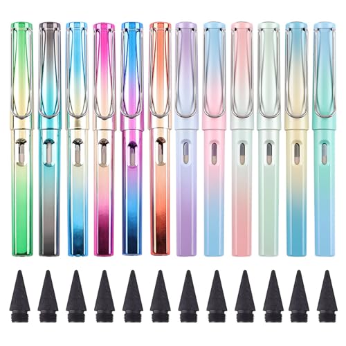 Minging 12 Stück Ewiger Bleistift, Bleistift Sets mit 12 Stück Ersatzspitzen Kein Anspitzen Tintenloser Bleistifte mit Radiergummi Schreibwaren Geschenk für Kinder,Ewiger Bleistifte Set (Schwarz 12) von Minging