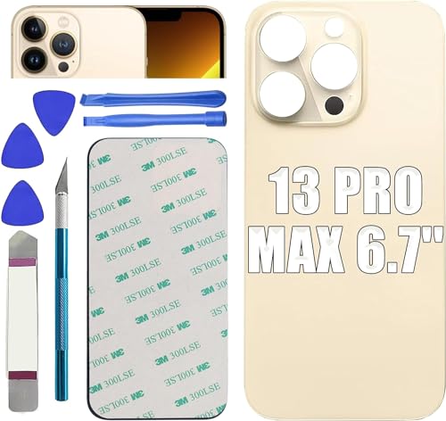 Mingxiong 13 Pro Max Ersatz-Glasabdeckung für iPhone 13 Pro Max, 17 cm (6,7 Zoll) Akku-Türverkleidung mit großem Loch, Rückabdeckung, Glas, Ersatz mit Reparaturwerkzeug-Set (Gold) von Mingxiong
