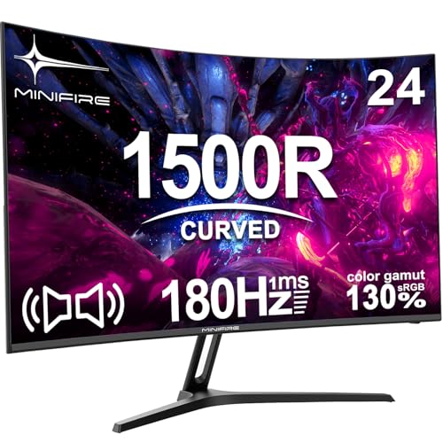 Minifire 24 Zoll Curved Gaming Monitor 180Hz, 1ms, 130% sRGB, Mit Lautsprechern, HDR, FreeSync, 300cd/m², VA, FHD 1080P, Rahmenlos, HDMI1.4 DP1.2 Ports (MFG24C1 HDMI-Kabel im Lieferumfang enthalten) von Minifire