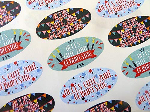 Packung 30 Alles Gute Zum Geburtstag Deutsche Geburtstag Gruß Sticker, Bunt Oval Selbstklebend Etiketten für Karten,Umschlag,Basteln,Dekoration von Minilabel