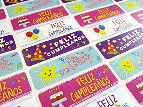 Packung 32 Feliz Cumpleanos Spanish Geburtstag Gruß Aufkleber, bunt selbstklebend Etiketten für Karten,Umschläge,Handwerk,Dekoration von Minilabel