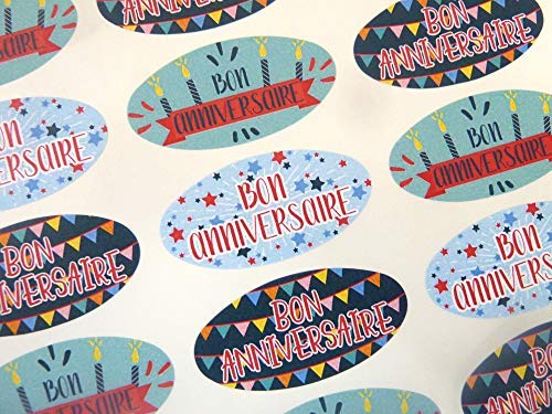 Packung zu 30 Bon Anniversaire Französisch Geburtstag Gruß Sticker, Bunt Oval Selbstklebend Etiketten für Karten,Umschlag,Basteln,Deko von Minilabel
