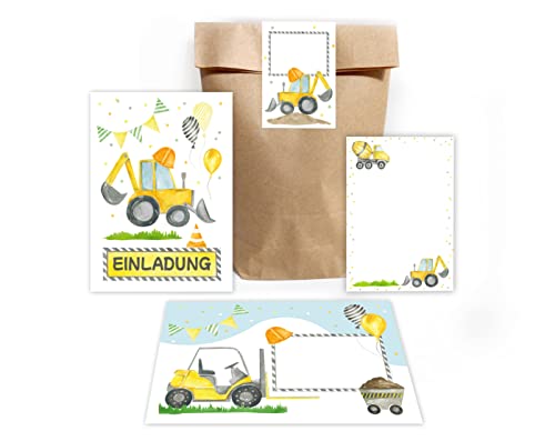12 Einladungskarten zum Kindergeburtstag Junge Baustelle Bagger-Motiv incl. 12 Umschläge, 12 Partytüten/natur, 12 Aufkleber, 12 Mini-Notizblöcke Einladungsset von Minkocards