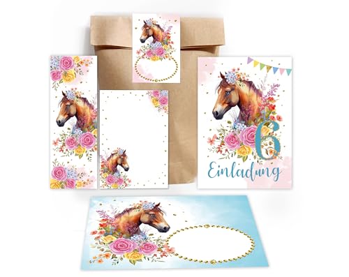 8 Einladungskarten zum 6. Kindergeburtstag Mädchen Pferd Einladung sechste Geburtstag incl. 8 Umschläge, 8 Partytüten/natur, 8 Aufkleber, 8 Lesezeichen, 8 Mini-Notizblöcke von Minkocards