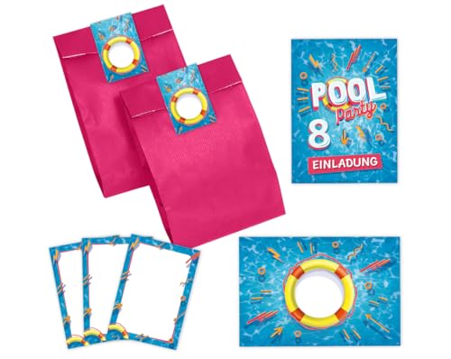 8 Einladungskarten zum 8. Kindergeburtstag Schwimmbad Jungen Mädchen Einladungen achte Geburtstag incl. 8 Umschläge, 8 Partytüten/pink, 8 Aufkleber, 8 Mini-Notizblöcke von Minkocards