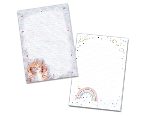 Blöcke Schreibblock mit Kindermotiv Notizblöcke mit Linien für Mädchen Briefbögenblock liniert (2 Blöcke: Regenbogen, Katze mit je 25 Blätter in A5-Format) von Minkocards