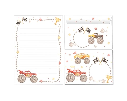 Briefpapier-Set Briefblock mit Umschlag für Jungen Jungs Kinder Auto Monster-Truck Kindermotiv Briefbögenblock liniert (Block A5 mit 25 Blätter + 15 Umschläge) von Minkocards