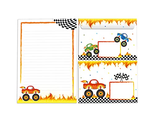 Briefpapier-Set Briefblock mit Umschlag für Jungen Jungs Kinder Monster-Truck Auto Kindermotiv Briefbögenblock liniert (Block A5 mit 25 Blätter + 15 Umschläge) von Minkocards