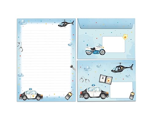 Briefpapier-Set Briefblock mit Umschlag für Jungen Jungs Kinder Polizei Dezektiv Kindermotiv Briefbögenblock liniert (Block A5 mit 25 Blätter + 15 Umschläge) von Minkocards