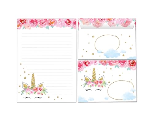 Briefpapier-Set Briefblock mit Umschlag für Mädchen Kinder Einhorn Unicorn Tiere Kindermotiv Briefbögenblock liniert (Block A5 mit 25 Blätter + 15 Umschläge) von Minkocards