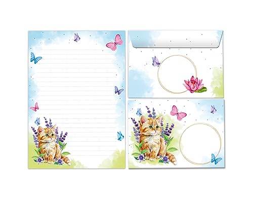 Briefpapier-Set Briefblock mit Umschlag für Mädchen Kinder Katze Kindermotiv Briefbögenblock liniert (Block A5 mit 25 Blätter + 15 Umschläge) von Minkocards