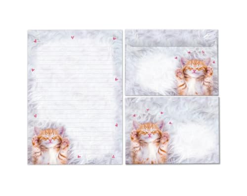 Briefpapier-Set Briefblock mit Umschlag für Mädchen Kinder Katze Tiere Kindermotiv Briefbögenblock liniert (Block A5 mit 25 Blätter + 15 Umschläge) von Minkocards
