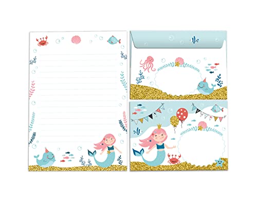 Briefpapier-Set Briefblock mit Umschlag für Mädchen Kinder Meerjungfrau Kindermotiv Briefbögenblock liniert (Block A5 mit 25 Blätter + 15 Umschläge) von Minkocards