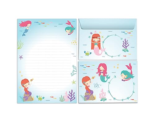Briefpapier-Set Briefblock mit Umschlag für Mädchen Kinder Meerjungfrau Kindermotiv Briefbögenblock liniert (Block A5 mit 25 Blätter + 15 Umschläge) von Minkocards