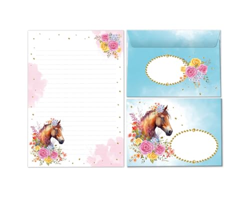 Briefpapier-Set Briefblock mit Umschlag für Mädchen Kinder Pferd Kindermotiv Briefbögenblock liniert (Block A5 mit 25 Blätter + 15 Umschläge) von Minkocards