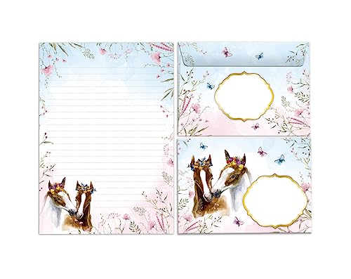 Briefpapier-Set Briefblock mit Umschlag für Mädchen Kinder Pferde Kindermotiv Briefbögenblock liniert (Block A5 mit 25 Blätter + 15 Umschläge) von Minkocards
