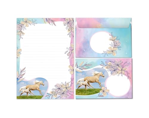 Briefpapier-Set Briefblock mit Umschlag für Mädchen Kinder Pferde Pferd mit Fohlen Kindermotiv Briefbögenblock liniert (Block A5 mit 25 Blätter + 15 Umschläge) von Minkocards