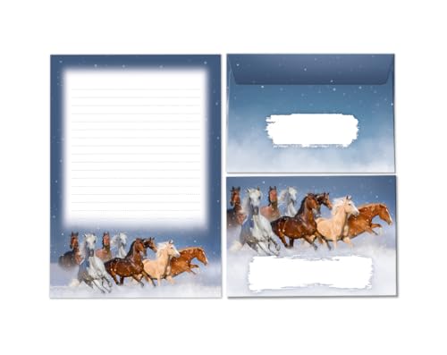 Briefpapier-Set Briefblock mit Umschlag für Mädchen Kinder Pferde blau Kindermotiv Briefbögenblock liniert (Block A5 mit 25 Blätter + 15 Umschläge) von Minkocards