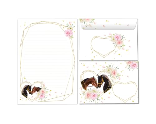 Briefpapier-Set Briefblock mit Umschlag für Mädchen Kinder Pferde zwei Pferde Kindermotiv Briefbögenblock liniert (Block A5 mit 25 Blätter + 15 Umschläge) von Minkocards