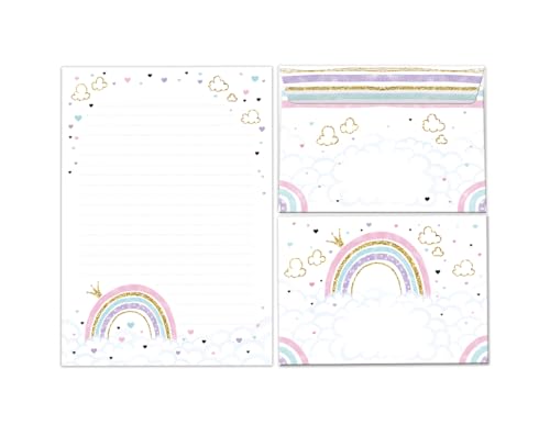 Briefpapier-Set Briefblock mit Umschlag für Mädchen Kinder Regenbogen Tiere Kindermotiv Briefbögenblock liniert (Block A5 mit 25 Blätter + 15 Umschläge) von Minkocards