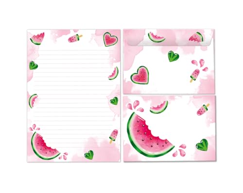 Briefpapier-Set Briefblock mit Umschlag für Mädchen Kinder Wassermelone Eis Kindermotiv Briefbögenblock liniert (Block A5 mit 25 Blätter + 15 Umschläge) von Minkocards