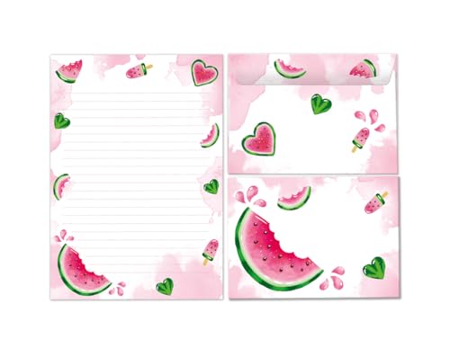Briefpapier-Set Briefblock mit Umschlag für Mädchen Kinder Wassermelone Eis Kindermotiv Briefbögenblock liniert (Block A5 mit 25 Blätter + 15 Umschläge) von Minkocards