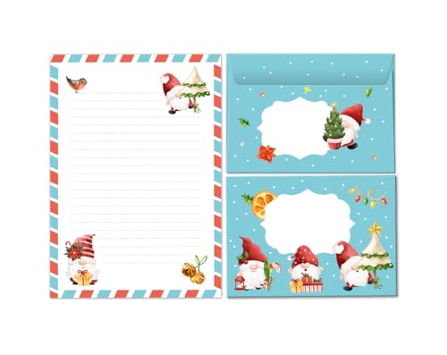 Briefpapier-Set Weihnachten Tomte Gnome als Briefblock mit Umschlag für Kinder Mädchen Jungen Weihnachtsbriefpapier (Block A5 mit 25 Blätter + 15 Umschläge) von Minkocards