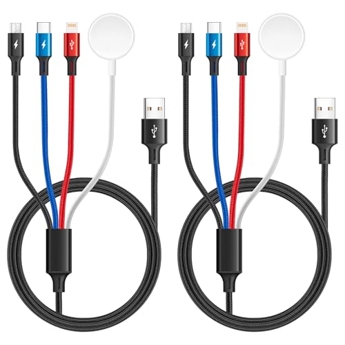 Minlu 4 in 1 Multi USB Ladekabel, Apple Watch Ladegerät [1.2M 2Pack] Ladekabel Apple Watch und iPhone, iWatch Ladekabel für Magnetic Wireless iWatch Serie 9/8/7/6/5/4/3/2/1/iPhone/Android von Minlu