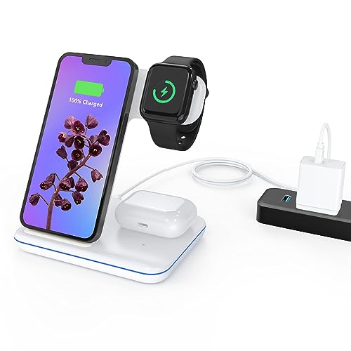 Minthouz 3 in 1 Wireless Charger mit 18W Adapter, schnelle drahtlose Ladestation für mehrere Geräte Apple Watch S8/7, AirPods 3/Pro, Wireless Charger Stand kompatibel mit iPhone 14/13/12/11- Weiß von Minthouz