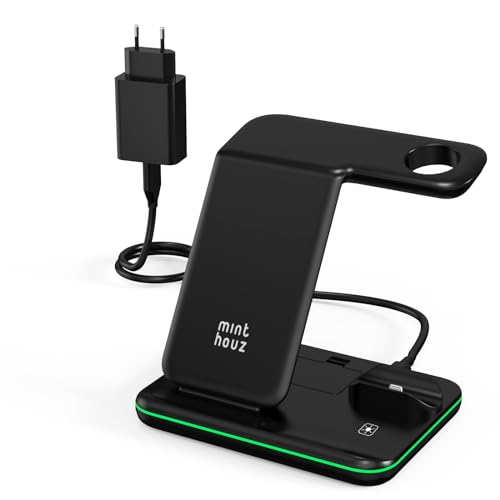 Minthouz Telefon Wireless Charger, 18W Schnellladestation für iWatch (Watch Charger ist NICHT enthalten), AirPods, Wireless Charger Stand Kompatibel mit iPhone 15/14/13/12/11 Serie (mit QC3.0 Adapter) von Minthouz