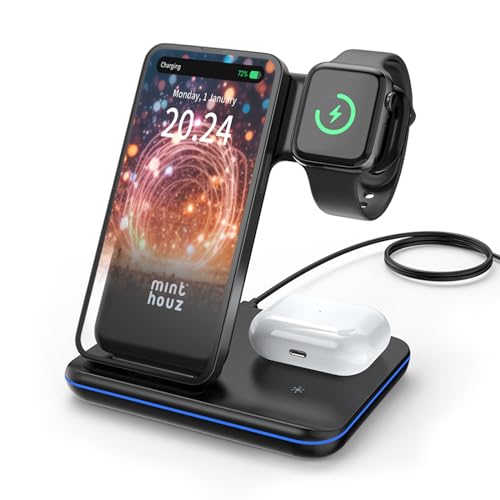 Minthouz Wireless Charger, 3 in 1 Induktive Ladestation mit 18W Adapter für mehrere Geräte Apple, iWatch S8/7/6/5/4/3/SE2/SE (ONLY), AirPods 3/Pro, Qi kompatibel mit iPhone 15/14/13/12/11 von Minthouz