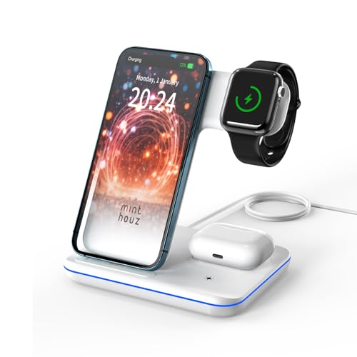 Minthouz Wireless Charger, 3 in 1 Induktive Ladestation mit 18W Adapter für mehrere Geräte Apple, iWatch S8/7/6/5/4/3/SE2/SE (ONLY), AirPods 3/Pro, Qi kompatibel mit iPhone 15/14/13/12/11 - weiß von Minthouz