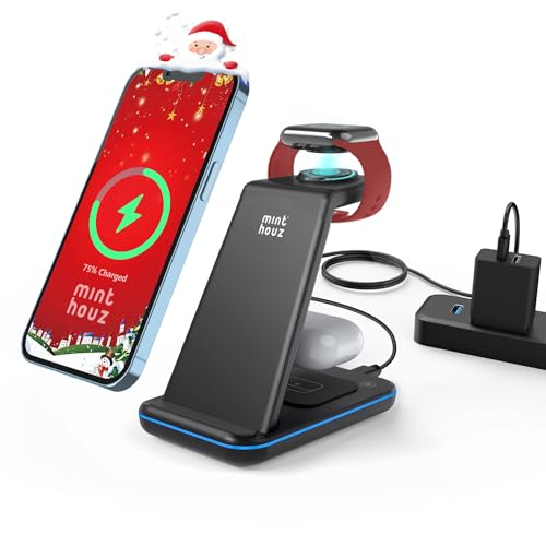 Minthouz Wireless Charger, 3 in 1 Induktive Ladestation mit 20W Adapter für mehrere Geräte Apple Watch S8/7/6/5/4/3/SE2/SE (ONLY), AirPods 3/Pro, Handy Kompatibel mit iPhone 15/14/13/12/11 von Minthouz