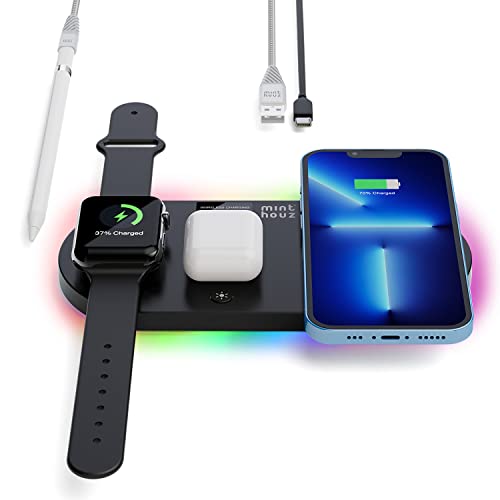Minthouz Wireless Charger, 4 in 1 Induktive Ladestation kompatibel mit iPhone 14/13/12/11/X/8, iWatch S8/7/6/5/4/3/SE2/SE (ONLY), drahtloses Ladegerät mit 3FT USB C-C Cable für AirPods 3/Pro von Minthouz