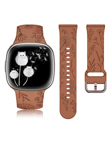 Minyee Armband mit Blumenmuster und Gravur, kompatibel mit Fitbit Versa 4/Versa 3/Sense 2/Sense Band Damen, süßes weiches Silikon, Löwenzahn-Blumenmuster, Sport-Designer, ausgefallener Sommerriemen von Minyee