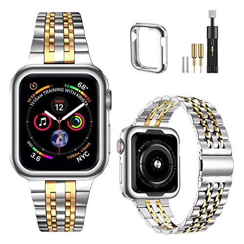 MioHHR Kompatibel mit Apple Watch Armband 38 mm 40 mm 41 mm, massives Edelstahl-Metallarmband für iWatch Series 8 7 6 5 4 3 2 1 SE(Silber/Gold) von MioHHR