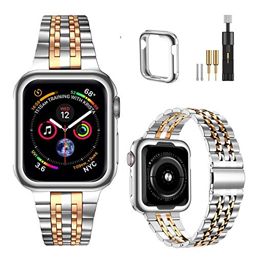 MioHHR Kompatibel mit Apple Watch Armband 38 mm 40 mm 41 mm, massives Edelstahl-Metallarmband für iWatch Series 8 7 6 5 4 3 2 1 SE(Silber/Roségold) von MioHHR