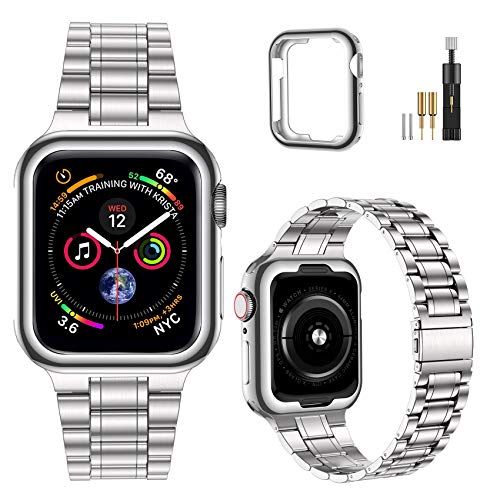 MioHHR Massives Edelstahl-Armband, kompatibel mit Apple Watch, 45 mm, Metallarmband für iWatch Serie 8, 7, für Damen und Herren, Silber von MioHHR