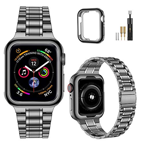 MioHHR Massives Edelstahl-Armband, kompatibel mit Apple Watch 45 mm, Metallarmband für iWatch Serie 7, 6, 5, 4, 3, 2, 1, SE, Damen und Herren, Space Grey von MioHHR