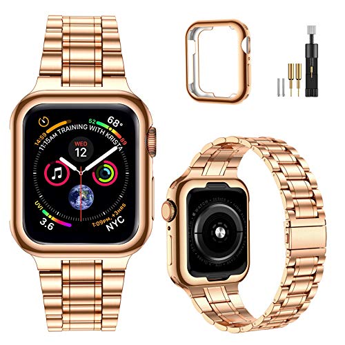 MioHHR Metall Armband Kompatibel mit Apple Watch 42 mm 44 mm 45 mm, Massiv Edelstahl Edelstahl Ersatzbänder für iWatch Serie 7 6 5 4 3 2 1 SE（Roségold） von MioHHR