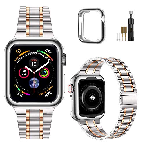 MioHHR Kompatibel mit Apple Watch Band 42 mm 44 mm 45 mm, Massives Edelstahl-Metallarmband für iWatch Series 8 7 6 5 4 3 2 1 SE(Silber/Roségold) von MioHHR