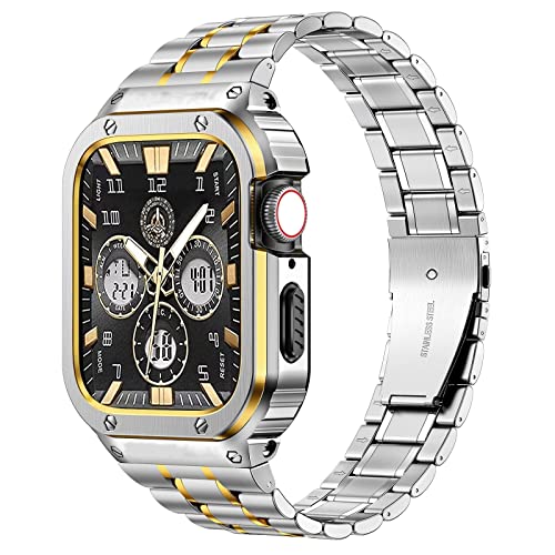 MioHHR Metallbänder mit Gehäuse kompatibel für Apple Watch Band 40/41 mm, stoßfestes Edelstahlgehäuse und Ersatzband mit Fall für iWatch Series 8/7/6/5/4/SE für Herren(Silber/Gold) von MioHHR