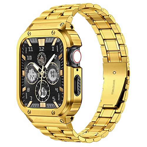 MioHHR Metallbänder mit Gehäuse kompatibel für Apple Watch Band 40/41 mm, stoßfestes Edelstahlgehäuse und Ersatzband mit Schutzhülle für iWatch Series 8/7/6/5/4/SE für Herren(Gold) von MioHHR
